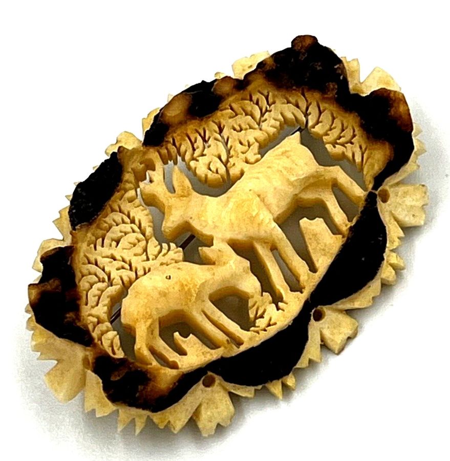 Antique Antique Victorian Carved Brooch Pin Deer and Stag