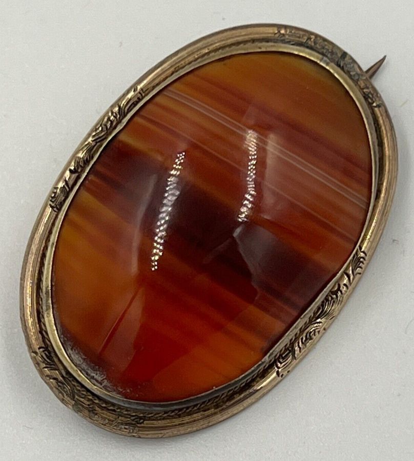 Antique Antique Victorian Brooch Banded Agate Large Oval Cabochon