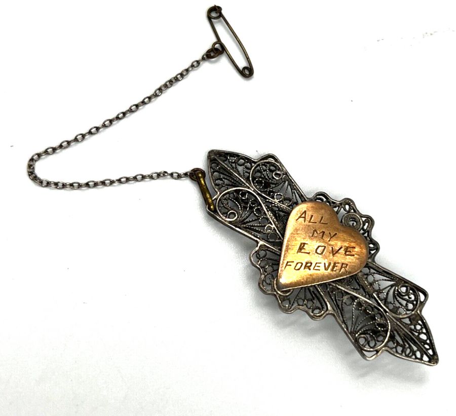 Antique Antique Silver Sweetheart Gold Plated Heart Brooch Inscribed & With Safety Chain