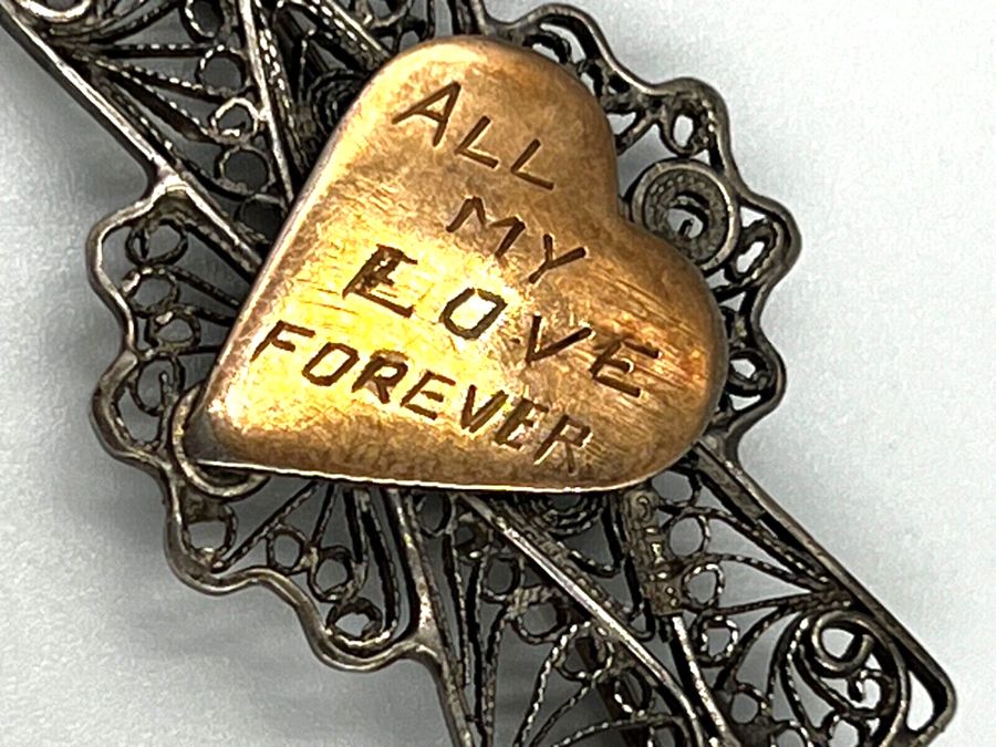 Antique Antique Silver Sweetheart Gold Plated Heart Brooch Inscribed & With Safety Chain