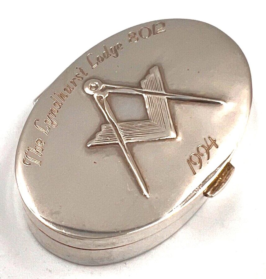 Antique Vintage Sterling Silver Masonic Oval Pill Box 1994 'The Lyndhurst Lodge'8012