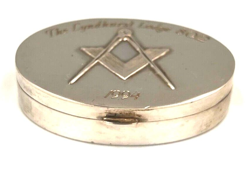 Antique Vintage Sterling Silver Masonic Oval Pill Box 1994 'The Lyndhurst Lodge'8012