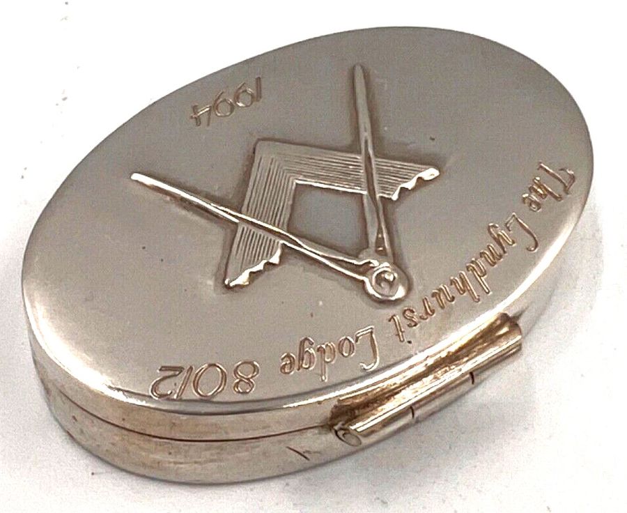 Antique Vintage Sterling Silver Masonic Oval Pill Box 1994 'The Lyndhurst Lodge'8012