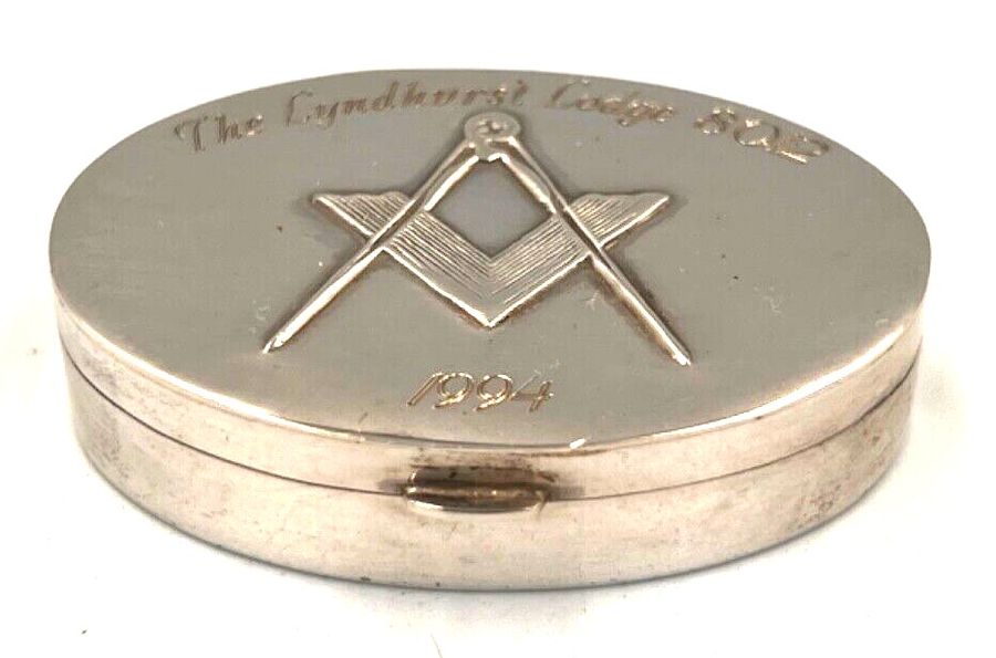 Antique Vintage Sterling Silver Masonic Oval Pill Box 1994 'The Lyndhurst Lodge'8012