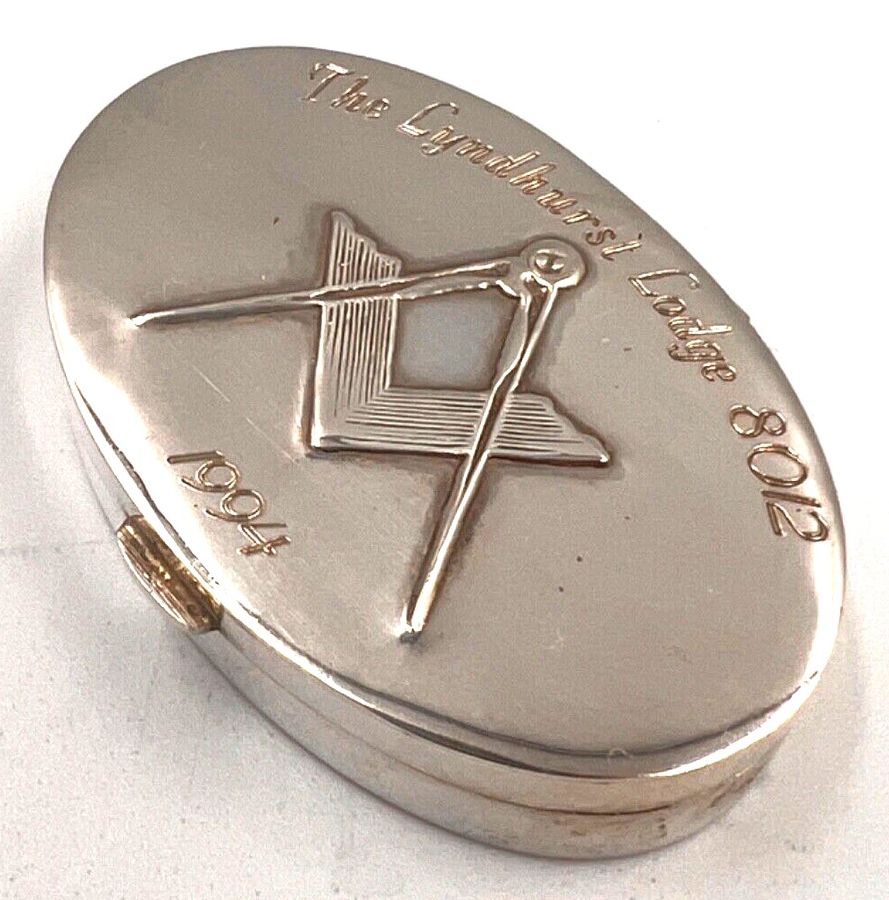 Antique Vintage Sterling Silver Masonic Oval Pill Box 1994 'The Lyndhurst Lodge'8012