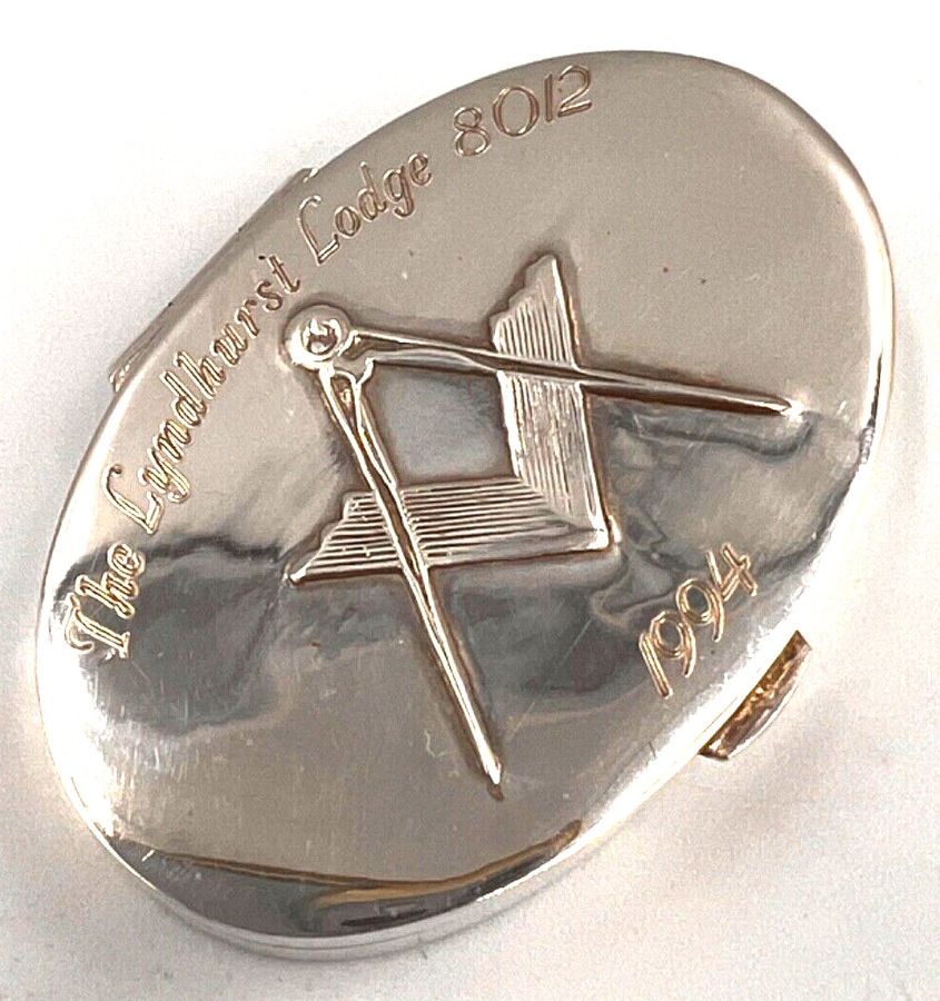 Antique Vintage Sterling Silver Masonic Oval Pill Box 1994 'The Lyndhurst Lodge'8012