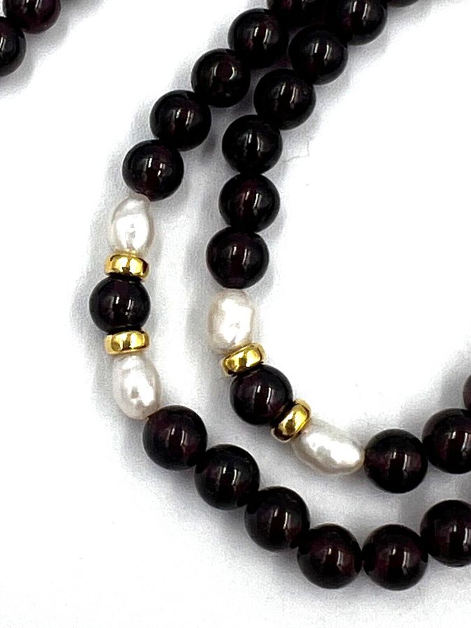 Antique Vintage 18CT Gold Natural Garnet & Natural Pearl Long Necklace