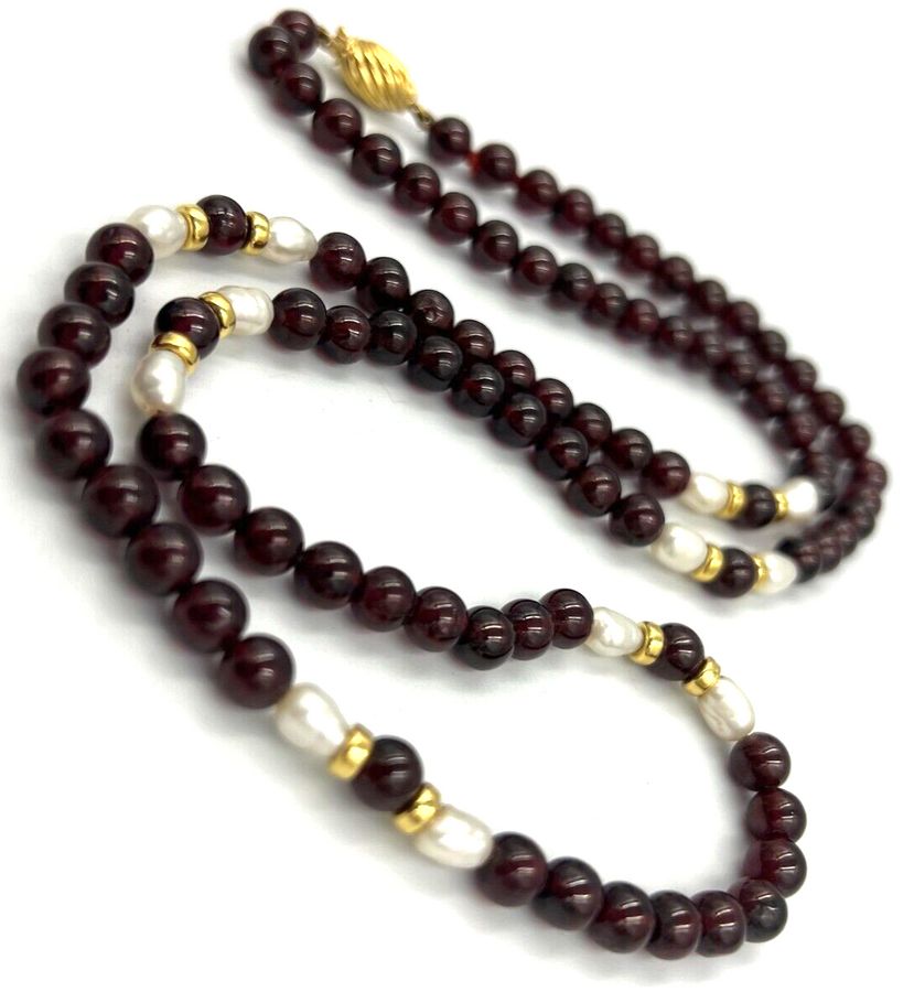 Antique Vintage 18CT Gold Natural Garnet & Natural Pearl Long Necklace