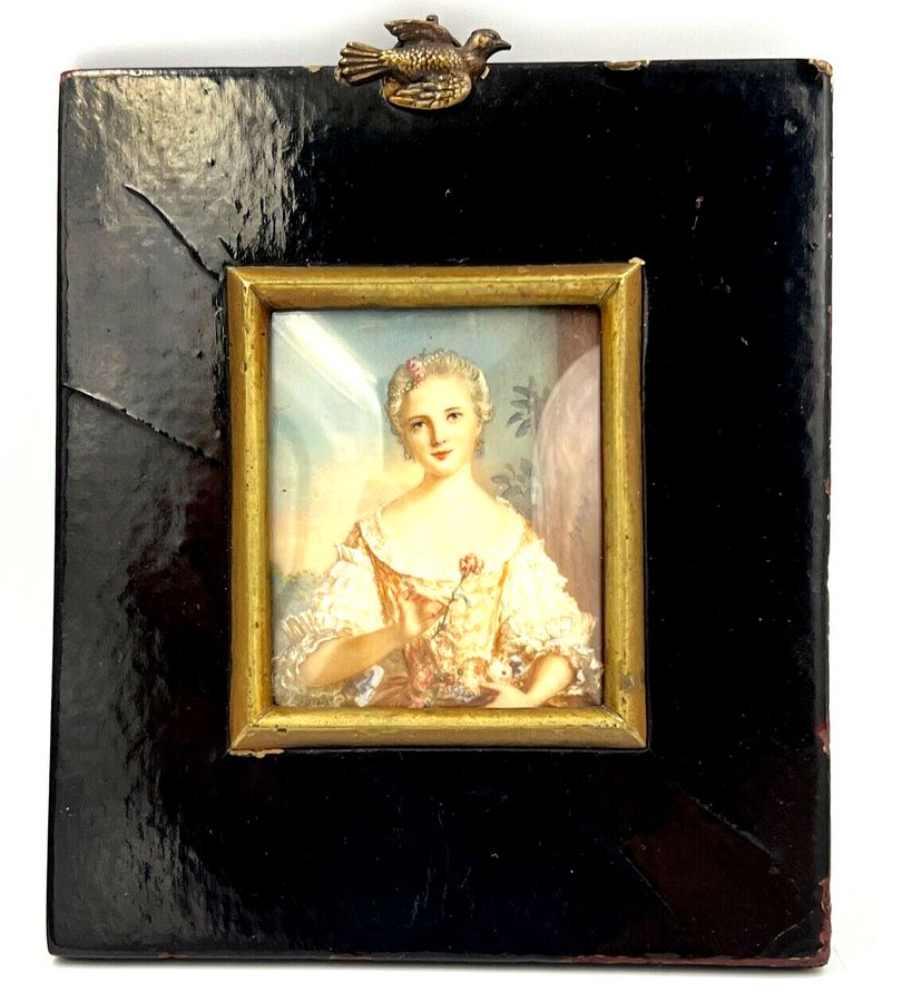 Antique Antique 19th Century Miniature Portrait Fine Watercolour Ebonised Frame Signed