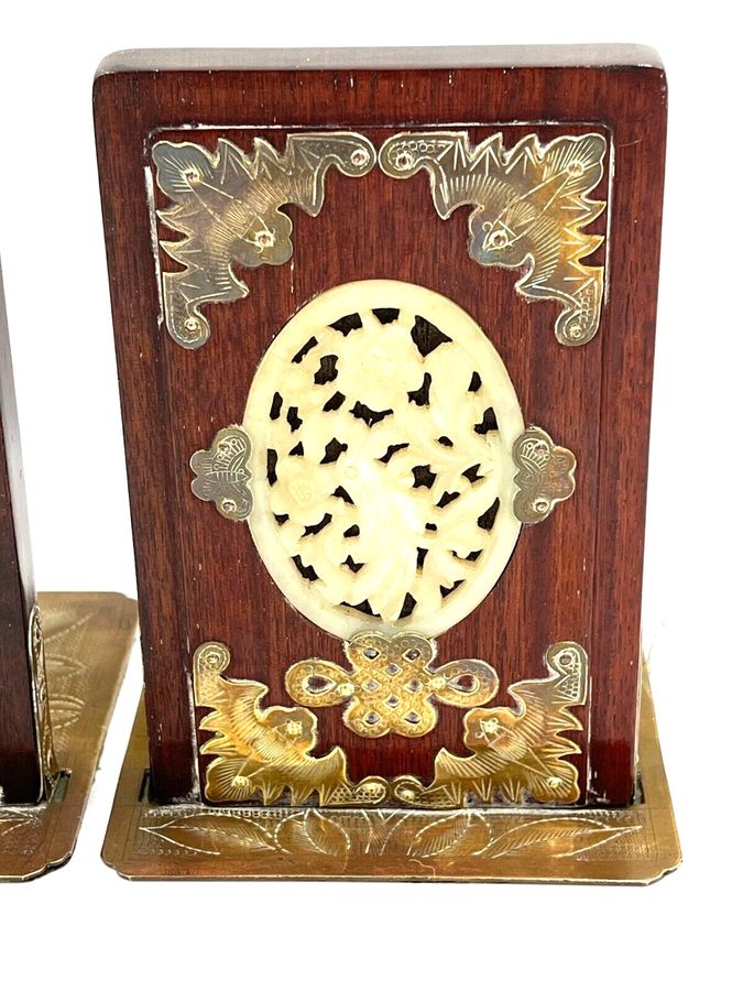 Antique Antique Chinese Bookends Carved Celadon Jade Medallions Cherry Wood Etched Brass