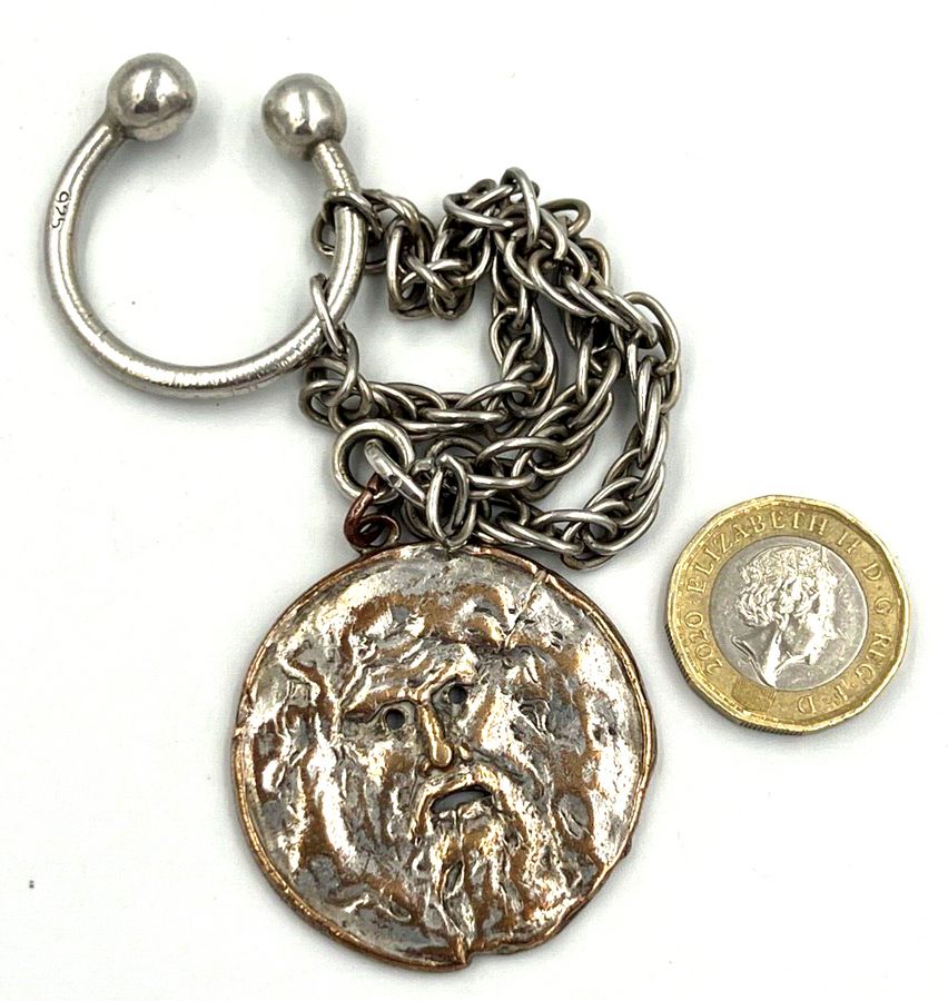 Antique Vintage Solid 925 Silver Key Ring With 925 Silver Chain & Medallion 'Green Man'