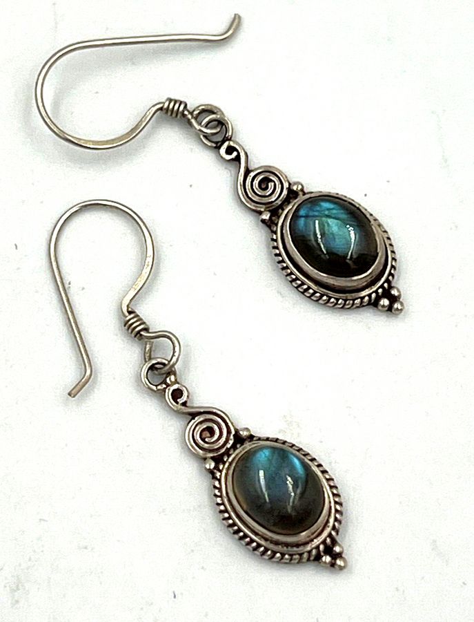 Antique Antique Sterling Silver  Natural Blue John ? Cabochon Drop Earrings Art Deco