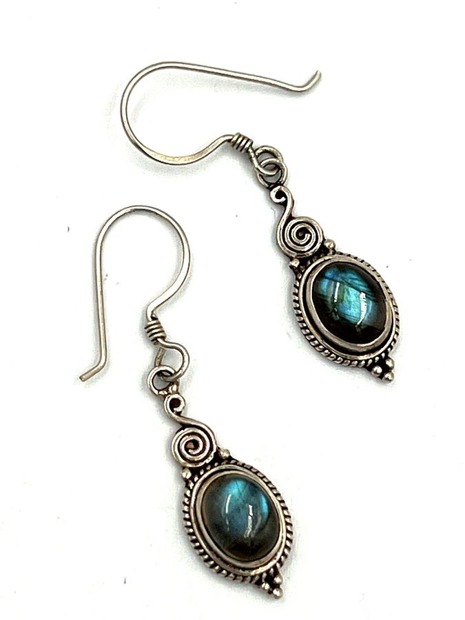 Antique Antique Sterling Silver  Natural Blue John ? Cabochon Drop Earrings Art Deco