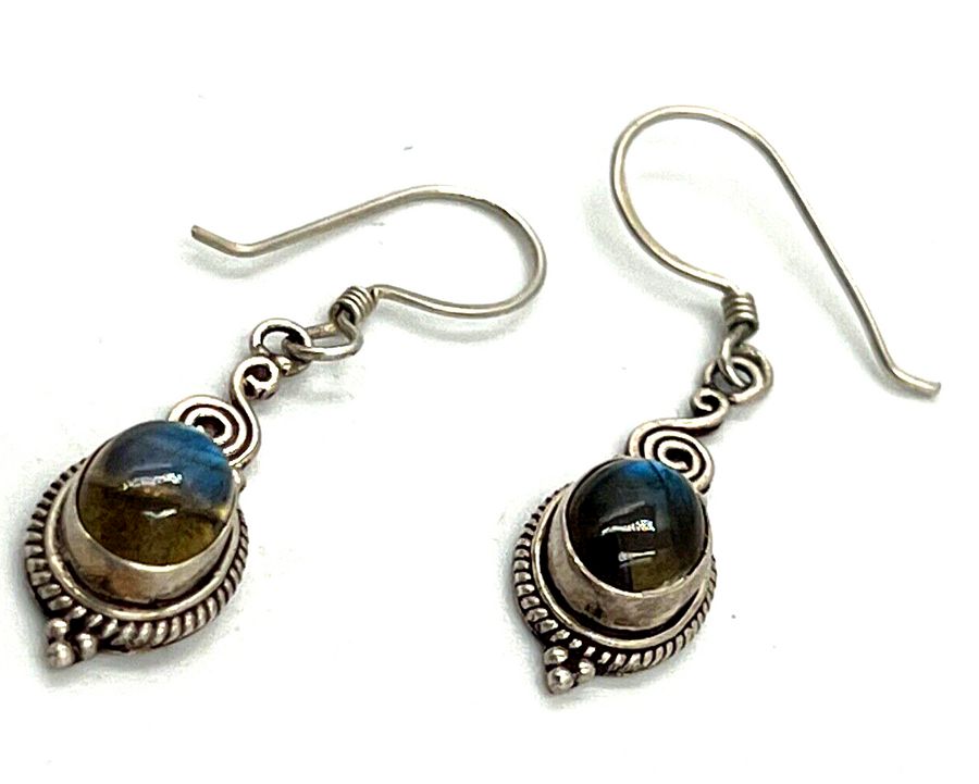 Antique Antique Sterling Silver  Natural Blue John ? Cabochon Drop Earrings Art Deco