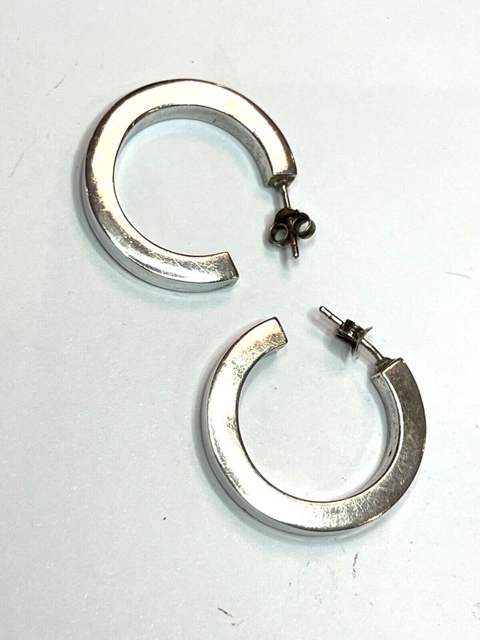 Antique Antique Art Deco Hollow Silver Hoop Earrings Hallmarked Pierced Ears