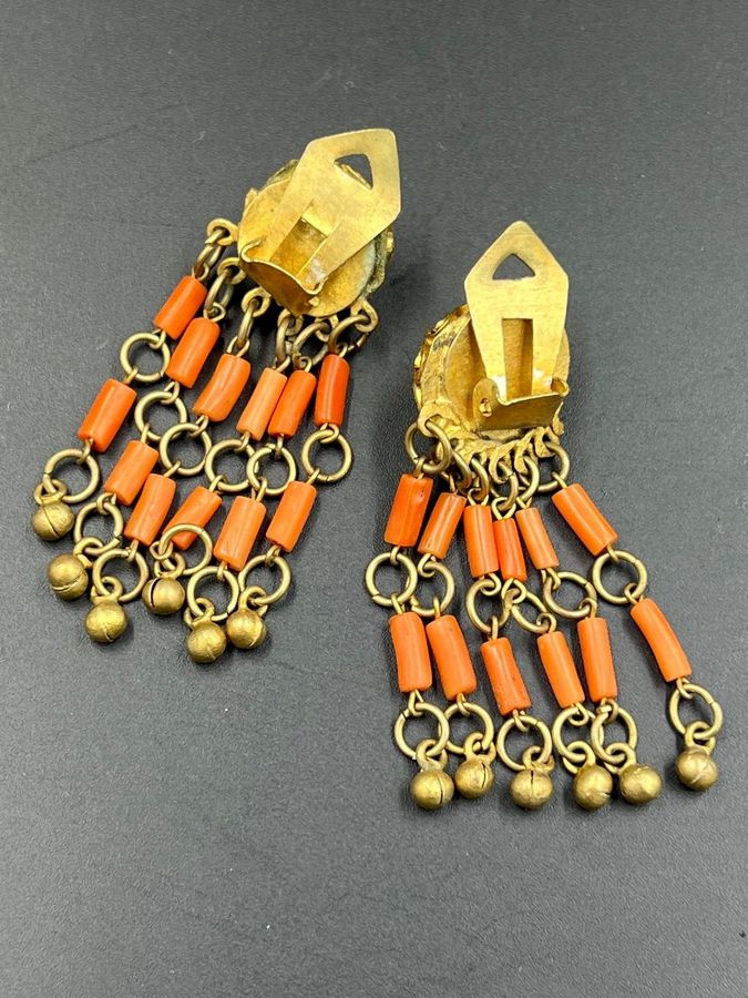 Antique Antique Art Deco Egyptian Revival Natural Coral Faience Earrings Hand Carved A/F