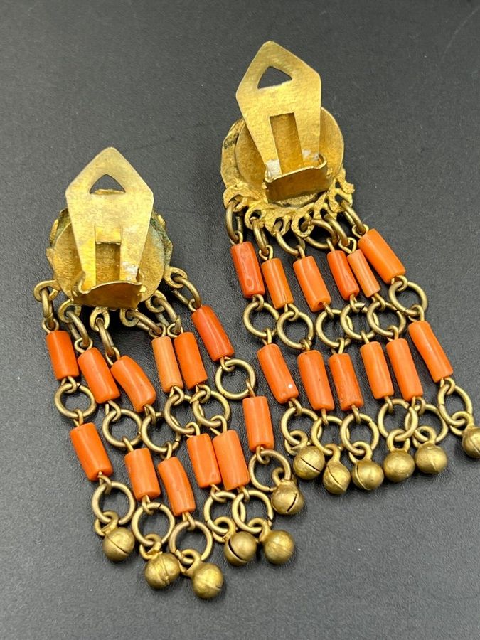 Antique Antique Art Deco Egyptian Revival Natural Coral Faience Earrings Hand Carved A/F