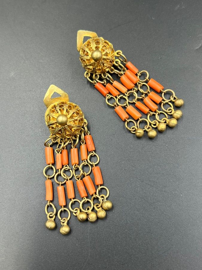 Antique Antique Art Deco Egyptian Revival Natural Coral Faience Earrings Hand Carved A/F