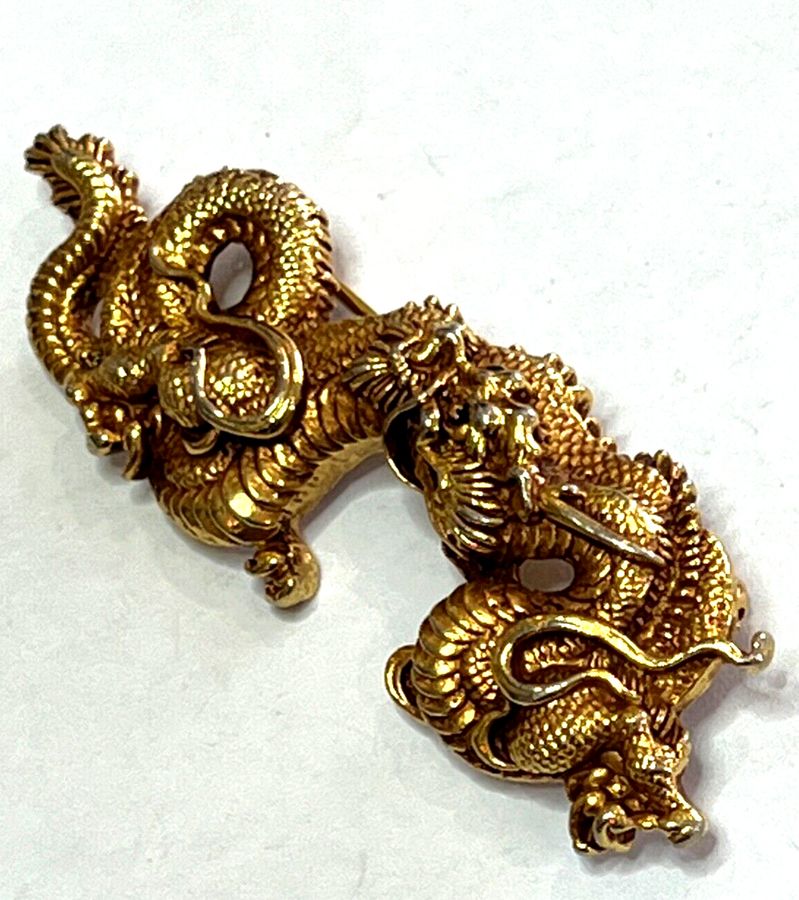 Antique Vintage Chinese Dragon and Pearl Brooch Pin Obscure Hallmark