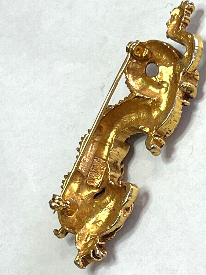 Antique Vintage Chinese Dragon and Pearl Brooch Pin Obscure Hallmark