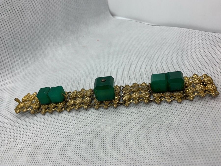 Antique Vintage Art Deco Czech Green Bracelet Stunning Cube Design