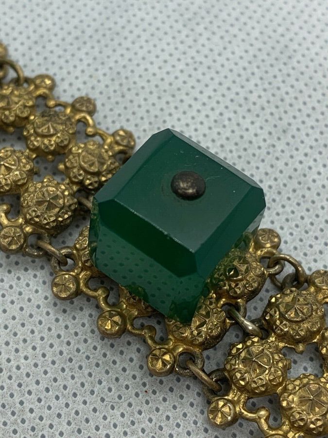 Antique Vintage Art Deco Czech Green Bracelet Stunning Cube Design