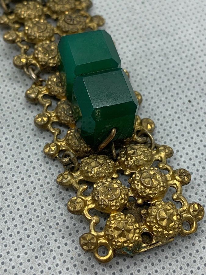 Antique Vintage Art Deco Czech Green Bracelet Stunning Cube Design