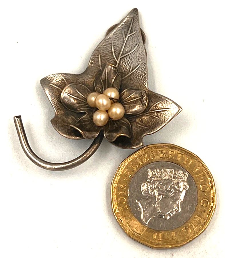 Antique Antique Art Deco Silver Plated Layered Leaf & Pearl Dress Clip Circa 1920s