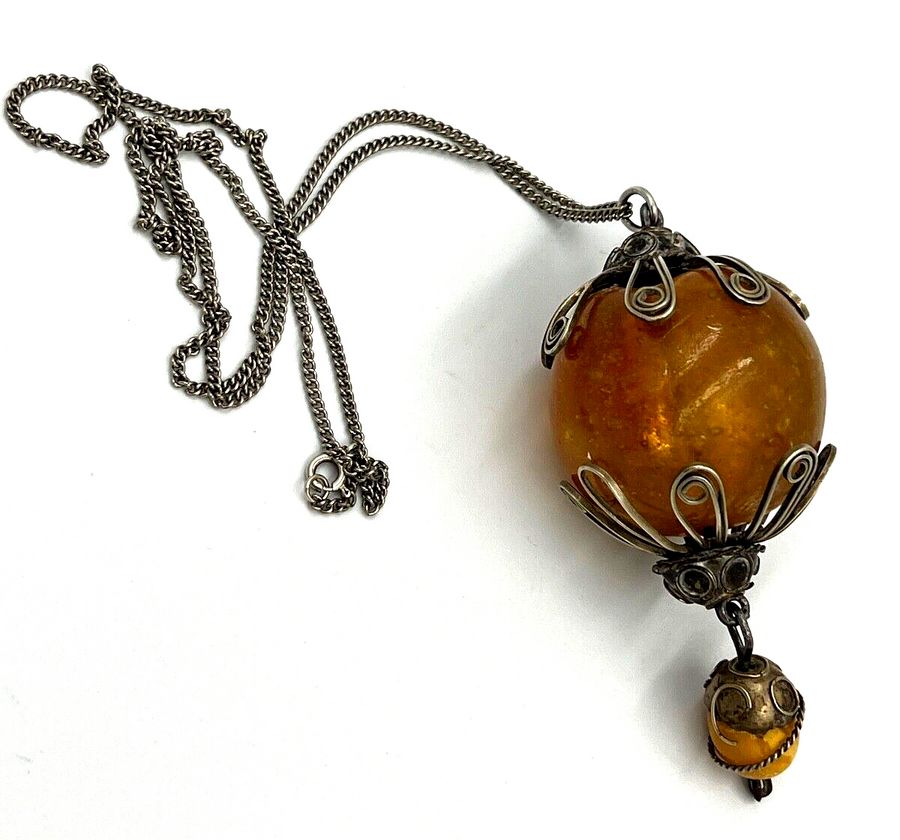 Antique Antique Arts & Crafts Natural Amber Pendant Solid Silver Long Chain