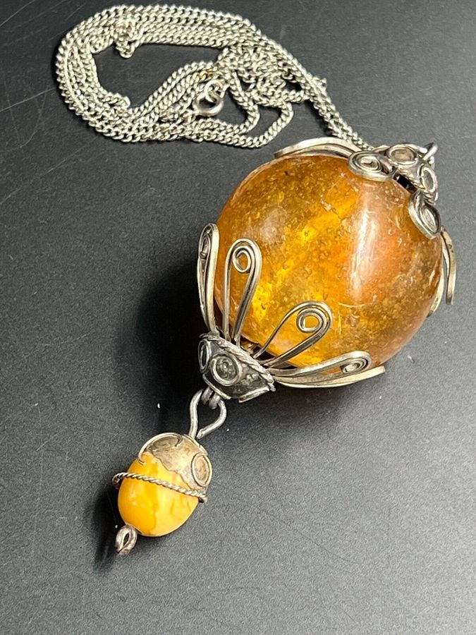 Antique Antique Arts & Crafts Natural Amber Pendant Solid Silver Long Chain