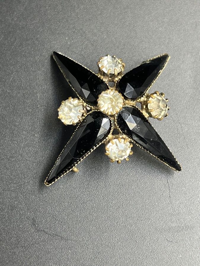 Antique Victorian Star Brooch French Jet and  Clear Stones