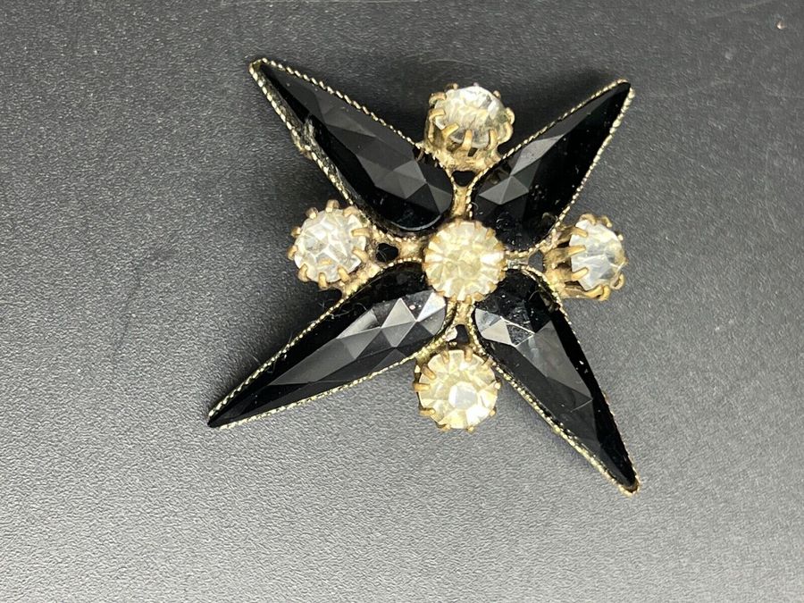 Antique Victorian Star Brooch French Jet and  Clear Stones