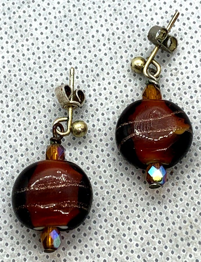 Antique Venetian Glass Earrings Antique Art Deco Murano Dangly Earrings Pierced Ears