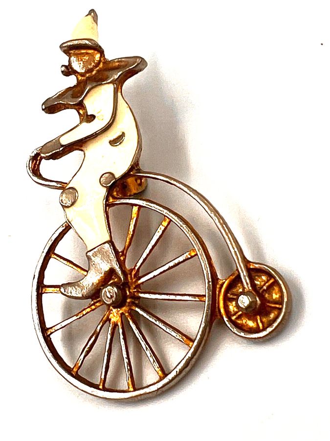 Antique Vintage Penny Farthing Clown Brooch Pin Enamelled Gold Tone