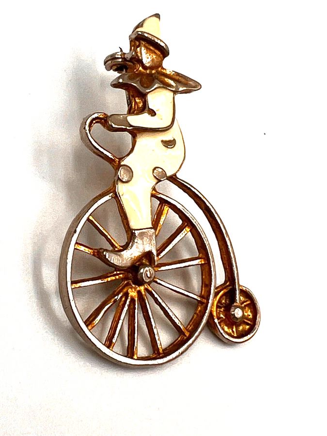 Antique Vintage Penny Farthing Clown Brooch Pin Enamelled Gold Tone