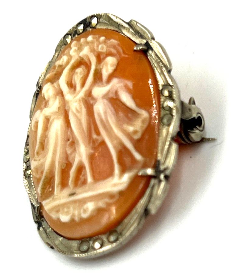 Antique Antique 800 Silver Shell Cameo Brooch Pendant 'Three Graces' Marcasite