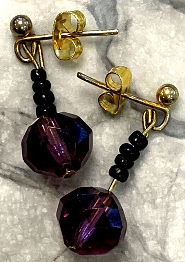 Antique Antique Art Deco Earrings Faceted Czech Amethyst and French Jet Pierced Ears