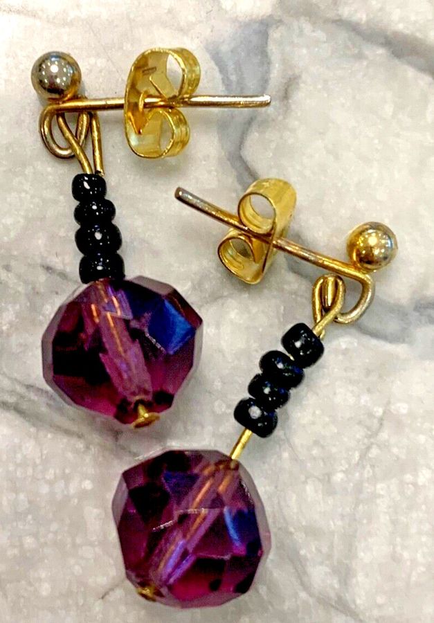 Antique Antique Art Deco Earrings Faceted Czech Amethyst and French Jet Pierced Ears