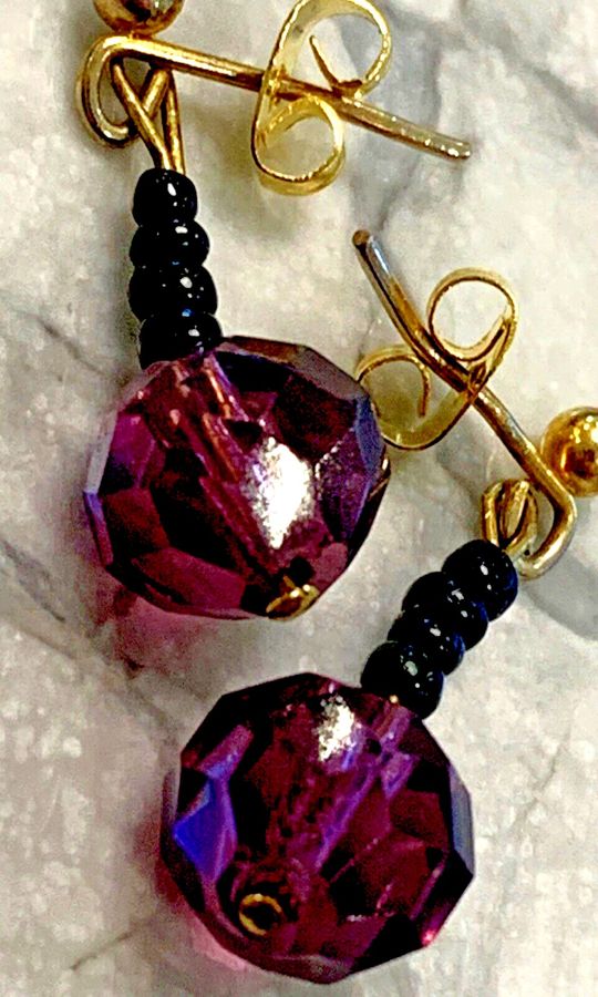 Antique Antique Art Deco Earrings Faceted Czech Amethyst and French Jet Pierced Ears