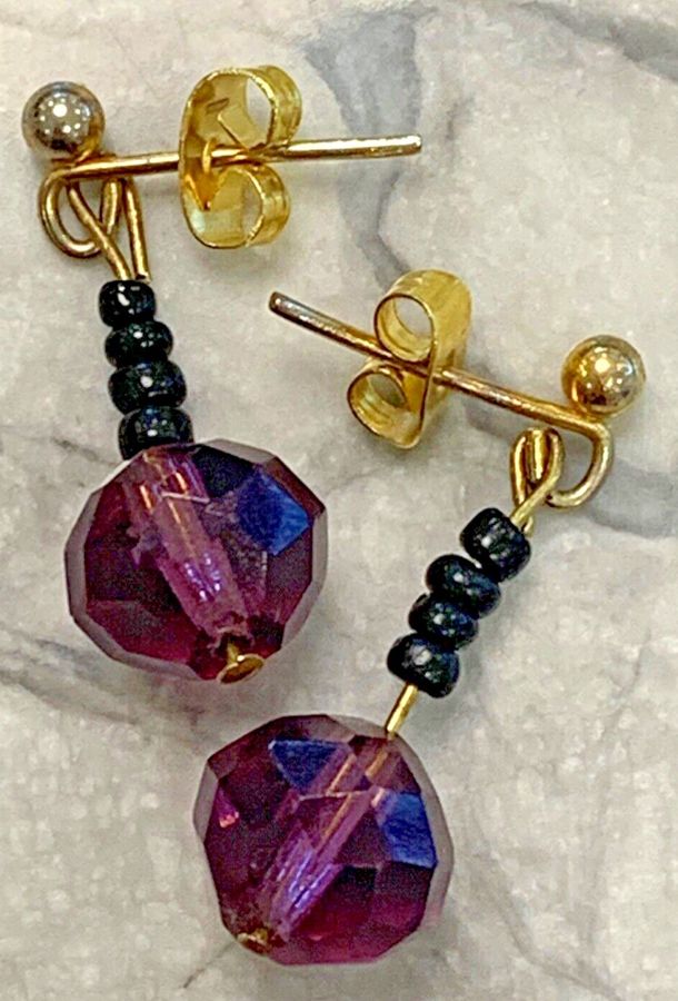 Antique Antique Art Deco Earrings Faceted Czech Amethyst and French Jet Pierced Ears