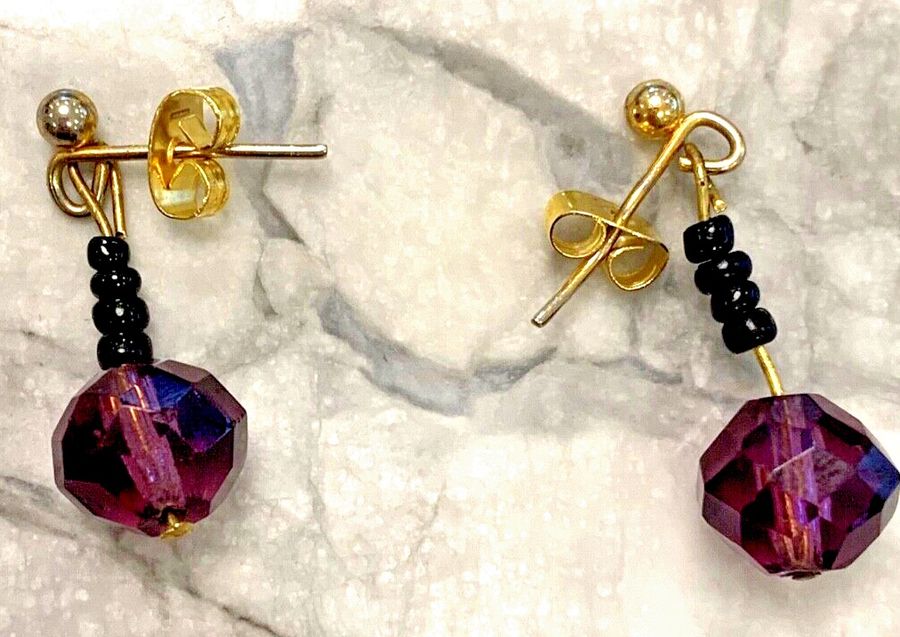 Antique Antique Art Deco Earrings Faceted Czech Amethyst and French Jet Pierced Ears