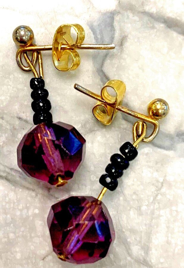 Antique Antique Art Deco Earrings Faceted Czech Amethyst and French Jet Pierced Ears