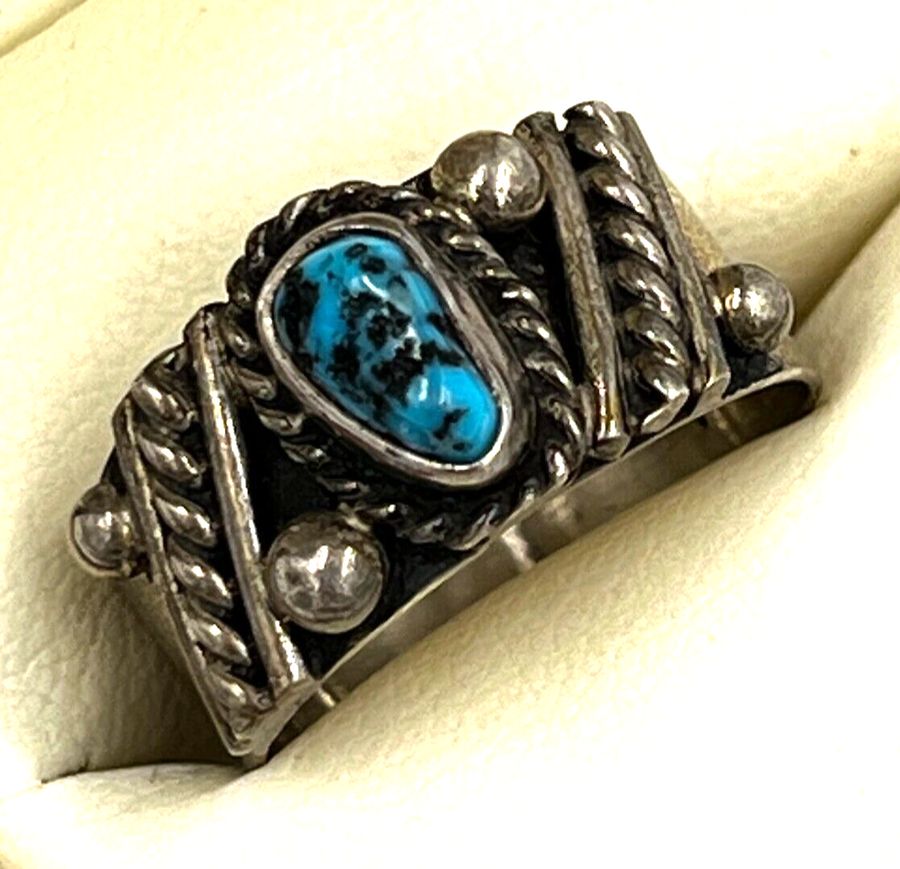 Artisan Vintage Art Deco Silver Ring Set with Turquoise Size R US Size 9