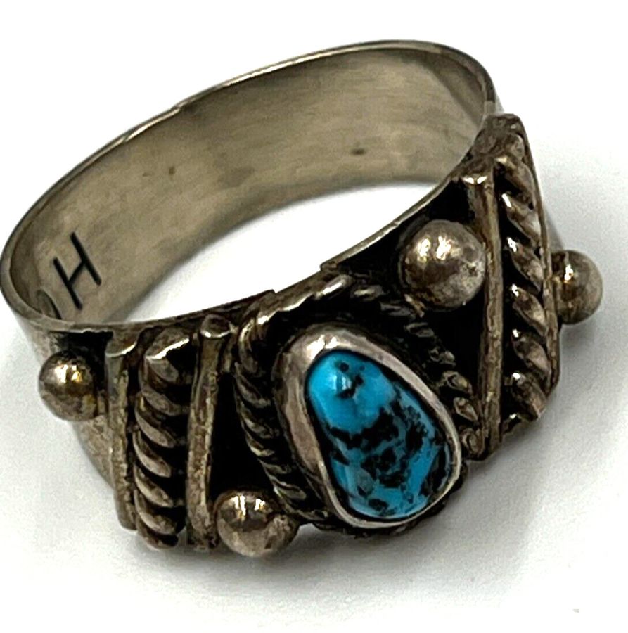 Antique Artisan Vintage Art Deco Silver Ring Set with Turquoise Size R US Size 9