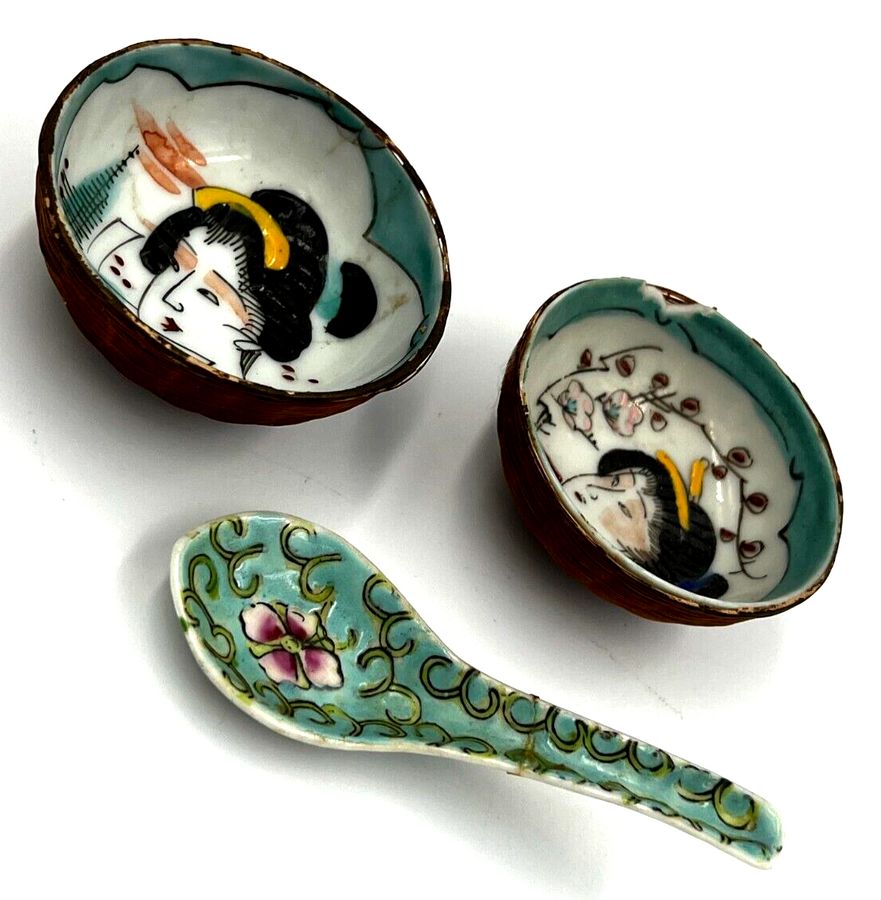 Antique Antique Art Deco Japanese Pair of Miniature Bowls & Server Handpainted