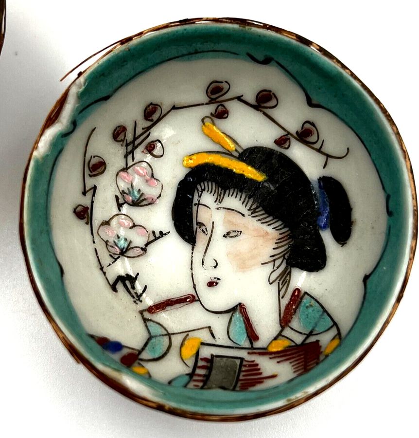 Antique Antique Art Deco Japanese Pair of Miniature Bowls & Server Handpainted