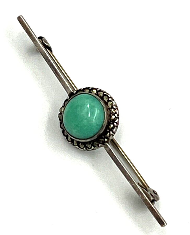 Antique Antique Art Deco Bar Brooch Silver & Cabochon Amazonite & Marcasite