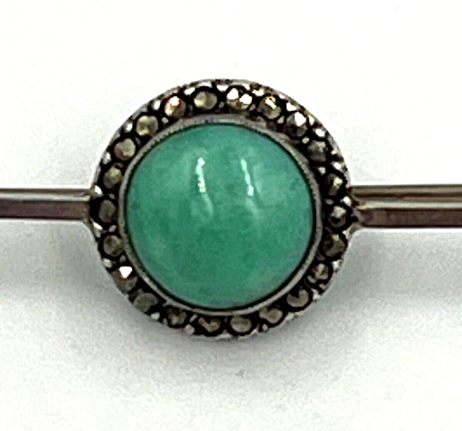 Antique Antique Art Deco Bar Brooch Silver & Cabochon Amazonite & Marcasite