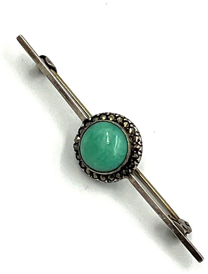 Antique Antique Art Deco Bar Brooch Silver & Cabochon Amazonite & Marcasite