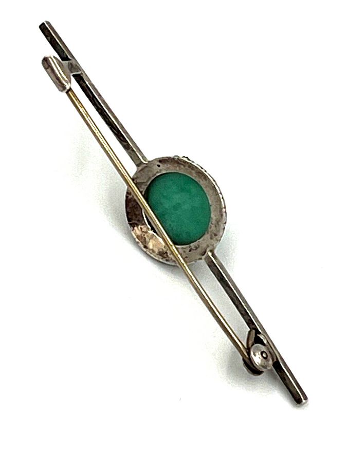 Antique Antique Art Deco Bar Brooch Silver & Cabochon Amazonite & Marcasite